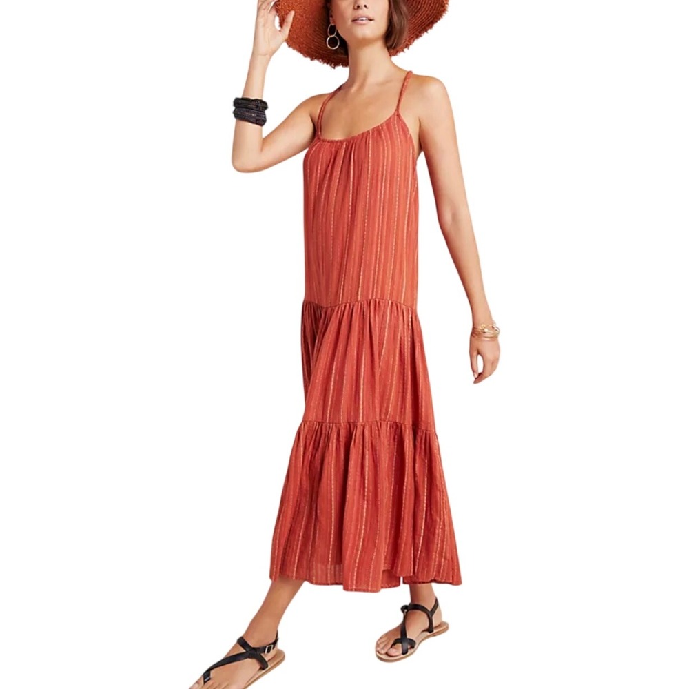 Frye x Anthropologie Rust Orange Metallic Stripe Boho Tiered Maxi Dress Size L